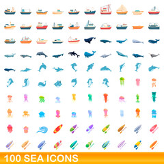 100 sea icons set. Cartoon illustration of 100 sea icons vector set isolated on white background