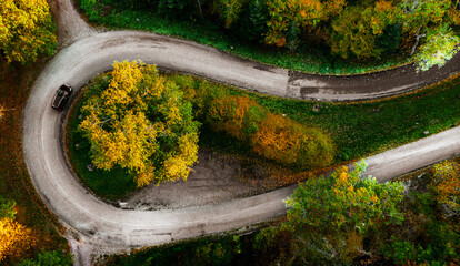 Zigzag road, framed by orange autumn forest. Serpentine climbs the Vosges mountains in Alsace.