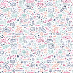 Gadget icons Vector Seamless pattern. Hand Drawn Doodle Computer Game items. Video Games Background