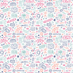 Gadget icons Vector Seamless pattern. Hand Drawn Doodle Computer Game items. Video Games Background