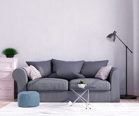 Wall mock up in living room. Scandinavian interior. 3d rendering, 3d illustration