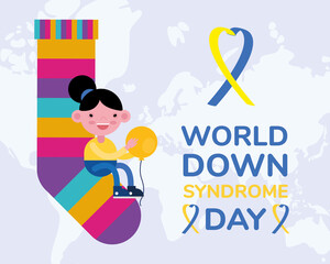 world down sindrome day campaign poster with little girl seated in colors socks
