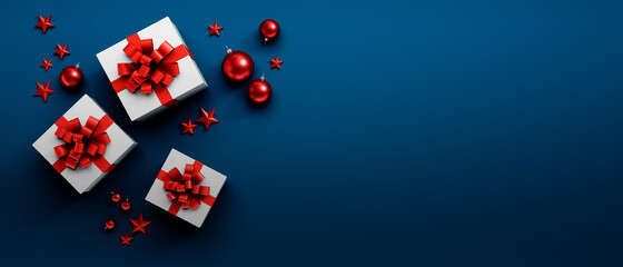 White Gift Boxes withred Bow on blue Background
