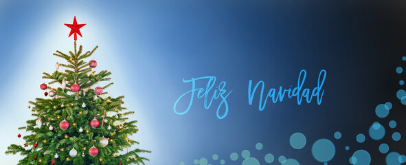 Fototapeta na wymiar Spanish Text Feliz Navidad Means Merry Christmas. Christmas Tree With Christmas Ball Decoration And Ornamen Like Star. Blue Background WIth Bokeh Effect.