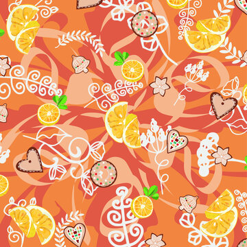 Orange pattern background with oranges and gingerbread cookies