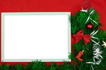 Christmas toys and fir branches as a Christmas background with place for text