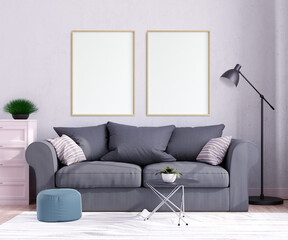 Mock up poster frame in interior background, living room.Scandinavian style. 3d render. 3D illustration.