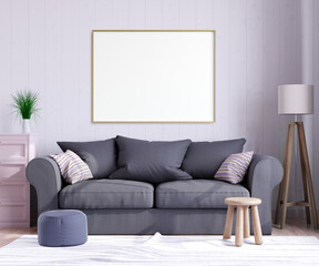 Mock up poster frame in interior background, living room.Scandinavian style. 3d render. 3D illustration.