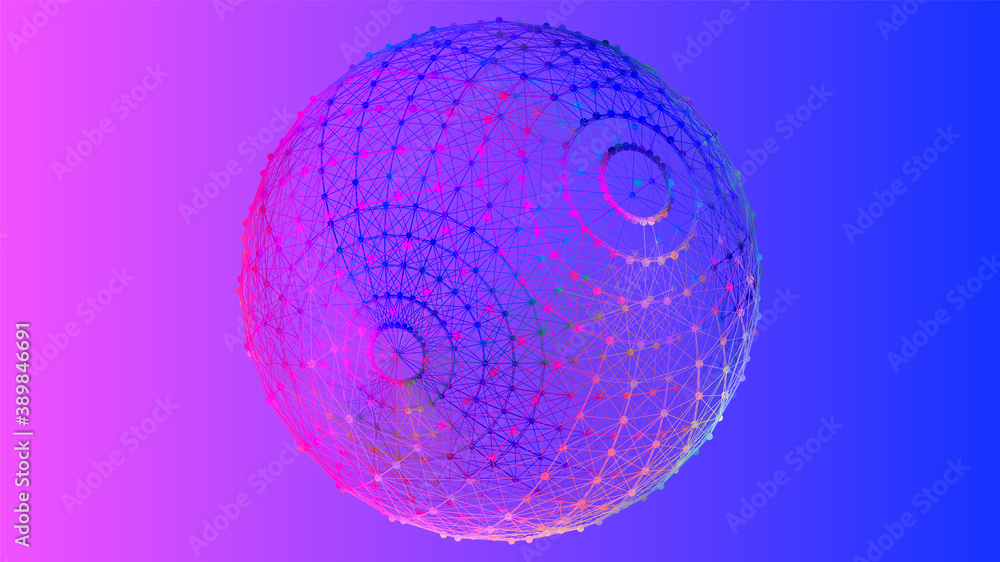 Poster colored 3d wireframe sphere with dots and lines. 3d rendering