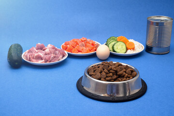 dog food includes dry pellets and canned foods along with a natural diet of fresh meat, fish, rice and vegetables. choice between dry food and natural food