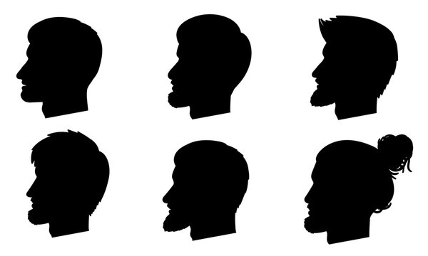 Male head silhouette icon set in profile. Man face portrait collection. Side view. Men with different hairs or hairstyles and beards. Anonymous, avatar symbol. Vector illustration. 