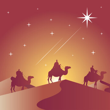 happy merry christmas card with magic kings in camels silhouette scene