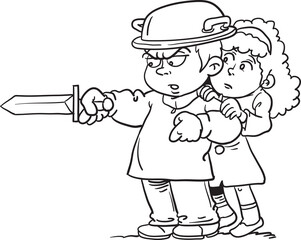 A boy and a girl are playing with a sword