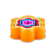 Flower shaped cookie cutter isolated on white background, copy space. Pastic mold.