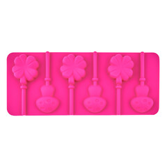 Pink silicone form isolated on white background. Lollipop, silicone mold, bakeware. Top iew, flat lay