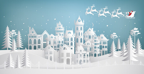 Santa Claus coming to city on a sleigh with deers. Merry Christmas and Happy New Year.  Paper art vector illustration.