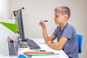 Online learning, remote education. Teenage boy with computer sitting at table with books and having video call, virtual online leasson, making homework at home