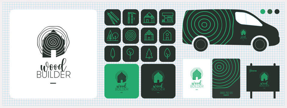 Charte graphique, identité visuelle, logo, publicité, carte de visite, constructeur de maisons ossature bois, charpentier, menuisier, rénovation, extension, aménagement extérieur bois