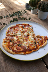 Homemade cheese pizza on a wooden table