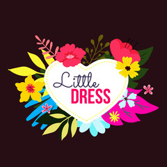 Vector romantic illustration on black background. Floral bright template with beautiful tropical leaves and flower around heart frame with inscription.