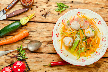 Soup with meat balls and vegetables