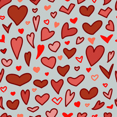 Fototapeta na wymiar Seamless pattern. Pink and red Doodle-style hearts on a gray background. Vector.