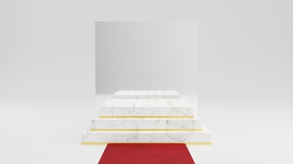 Obraz premium Square marble pedestal steps with gold frame with mirror and red carpet isolated on white background. 3d rendered minimalistic abstract background concept for product placement.