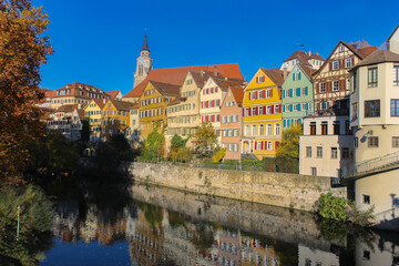 Tubingen view of colorful houses in Neckar riverside.Famous old town in Germany, tourism and travel concept.