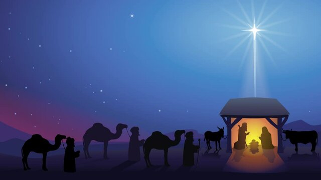 Loopable animation of shining star landscape above the nativity scene in bethlehem with the approach of the three wise men