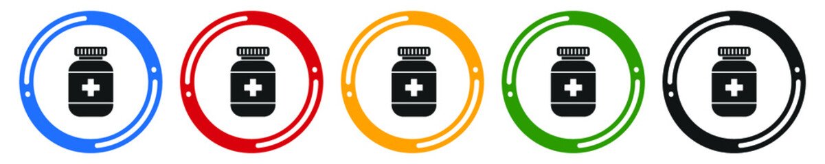 Medicine bottle icon set. flat design vector illustration in 5 colors options for web design