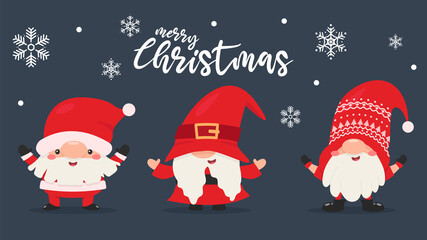 Dwarf gnomes wearing red dresses and hats celebrate Christmas in the snowy winter.