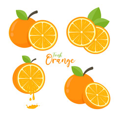 Orange fruit vector set Orange cut in half with green leaves for a healthy juice.