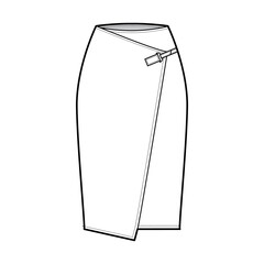 Skirt wrap technical fashion illustration with straight knee silhouette, pencil fullness, close with carabiner connector. Flat bottom template front, white color style. Women, men, unisex CAD mockup