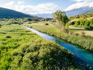 Tirino, river in Abruzzo, Southern Italy. Aerial view