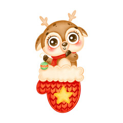 Illustration of a cute cartoon christmas deer wearing a red scarf holding a christmas tree toy in red christmas mitten isolated on white background
