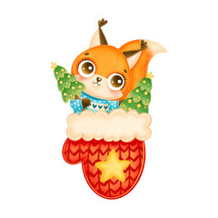 Illustration of cute cartoon christmas squirrel wearing blue sweater with christmas tree in red christmas mitten isolated on white background