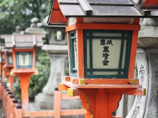 Red japanese lantern posts in in Gion Distric, Kyoto, Japan.