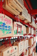 Small wooden plaques or Ema contains prayers or wishes in Kyoto , Japan