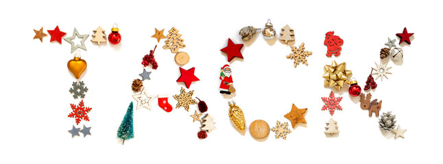 Colorful Christmas Decoration Letter Building Swedish Word Tack Means Thank You. Festive Ornament Like Christmas Tree, Star And Ball. White Isolated Background