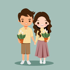 cute boy and girl couple with plants cartoon character