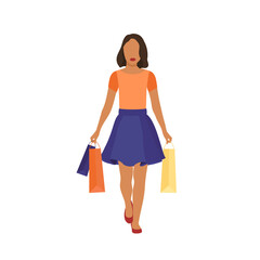 A dark skinned afro-american woman with shopping bags. Flat vector illustration isolated on white background