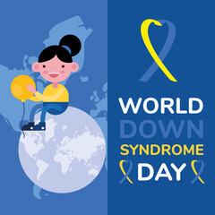 world down sindrome day campaign poster with little girl and ribbon seated in earth planet