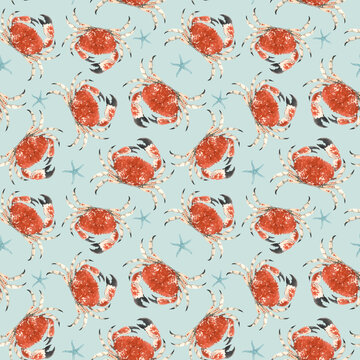 Beautiful seamless underwater pattern with watercolor red crabs and starfish. Stock illustration.