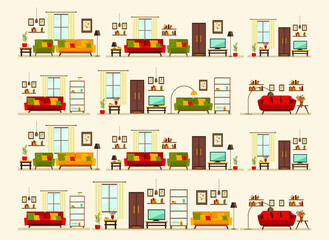 set with interiors, bathroom, kitchen, living room and bedroom, flat vector illustration of rooms with furniture