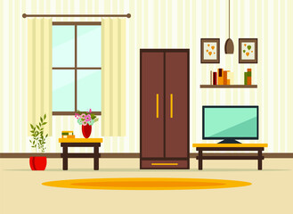 living room interior with furniture, TV, table, window, wardrobe,shelves with books and home flowers, floor lamp. flat cartoon vector illustration