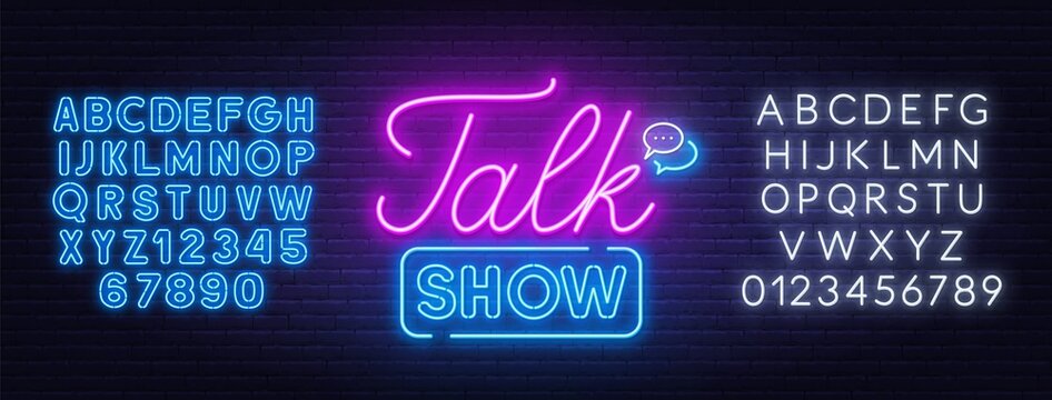 Talk show neon sign on brick wall background. White and blue neon alphabets. Vector illustration.
