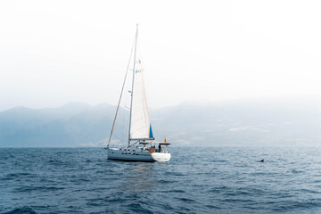 Fototapeta premium Small sailing boat sailing in the ocean near the coast of Tenerife