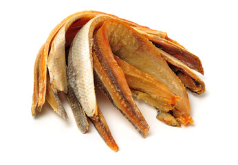Dried salted fishes on white background