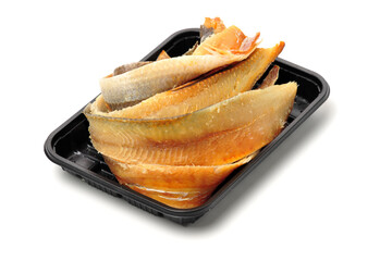 Dried salted fishes on white background