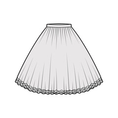Skirt tutu crinoline technical fashion illustration with knee silhouette, circular fullness, thin waistband. Flat bottom template front, grey color style. Women, men, unisex CAD mockup
